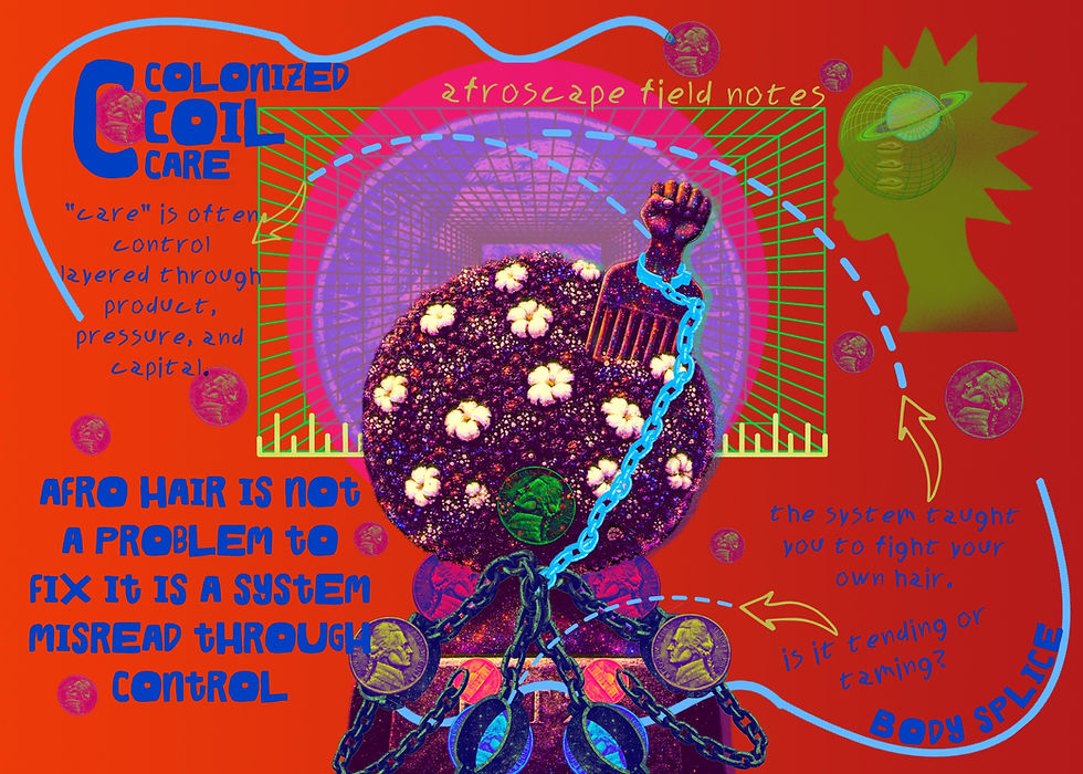 A vivid red Afroscape field diagram titled “C: Colonized Coil Care.” At its center, a Black figure’s enormous Afro is filled with cotton bolls while chains, coins and a chained Afro pick bind the hair and body inside a receding green grid. Notes read, “Care is often control layered through product, pressure, and capital,” “The system taught you to fight your own hair,” and “Is it tending or taming?”