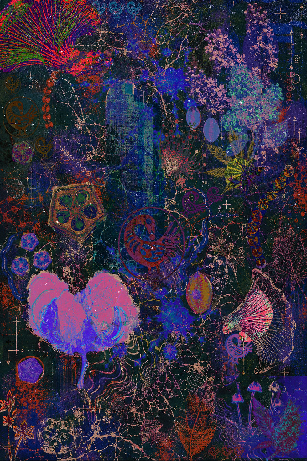 BespokeCurry Cosmos collage layers mushrooms, cannabis, cotton, cowries, okra-like botanical forms, flowers, a Sankofa bird, mycelial networks and architectural forms across a dense blue, green, purple and red field. Organic pathways weave between plants, fungi, food and cultural symbols, visualizing Mycelial Sankofa and embodied knowledge formed by following food, movement, smell, herbs, cannabis, fungi and ecological relationship.