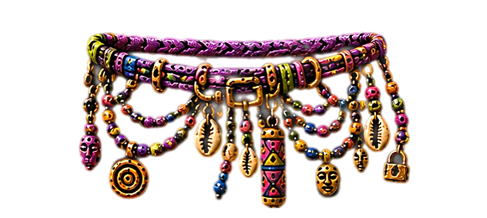 Decorative purple belt-like adornment covered in dangling beads, shells, chains, masks, and protective charms, blending African-inspired jewelry traditions with Afrofuturist styling.
