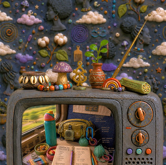 A handcrafted clay television displays the Hom(e)ie’s travel kit carefully arranged on a train table, including an Owala bottle, lumbar pack, notebook, fan, wallet, snacks, small care items, and accessibility tools organized for easy reach during the journey.