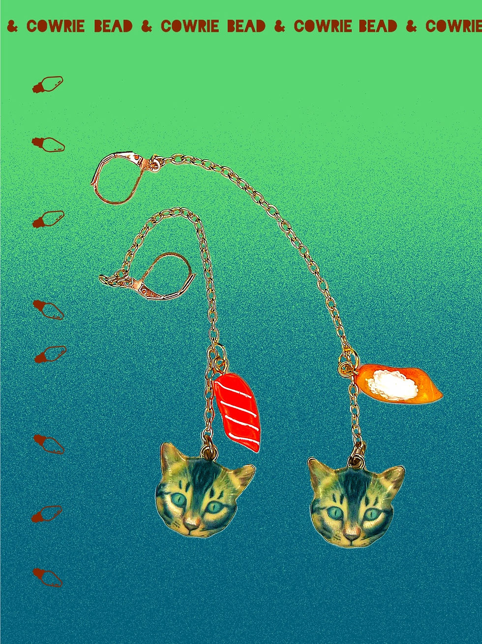 grey cats hanging from chain link with salmon nagiri, earring on leverback
