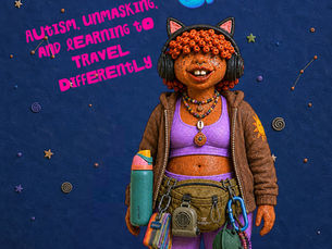 Editorial cover image for the Bespokecurry essay Hom(e)ie Summer Camp: Autism, Unmasking, and Learning to Travel Differently. The handcrafted clay Hom(e)ie stands against a deep indigo Cosmos backdrop wearing layered travel clothing, headphones, a MountainSmith lumbar pack, Baggu bags, and holding an Owala water bottle. Space surrounds the character to emphasize preparation, curiosity, accessibility, and joyful independence.
