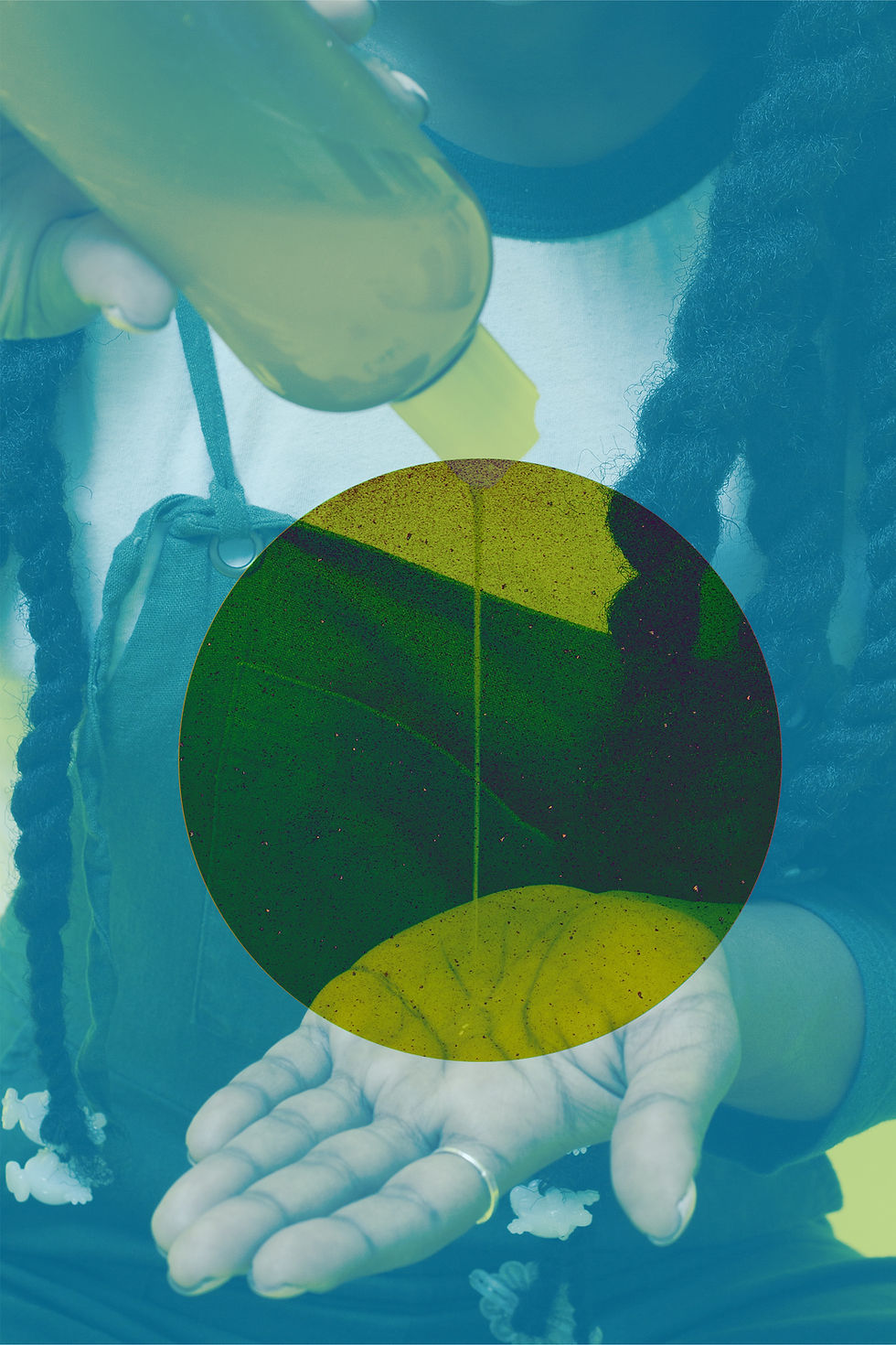 A cyan-toned close-up shows a person with long, textured twists holding a translucent yellow applicator bottle above their open palm. A large green circular overlay magnifies and abstracts the space between the bottle, hand and body.
