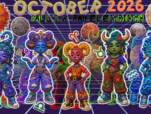 October 2026 Astro Me graphic featuring the Astro Me Hom(e)ies for Scorpio, Libra, Aries, Taurus, and Aquarius gathered across a retro-futurist grid with planets, moons, zodiac symbols, and the title “Fall’s X-Ray Electricity.”
