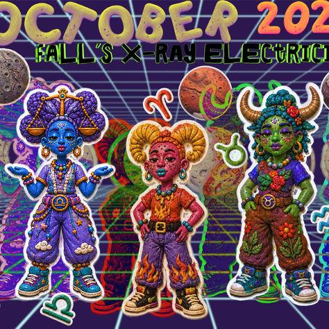 October 2026 Astro Me graphic featuring the Astro Me Hom(e)ies for Scorpio, Libra, Aries, Taurus, and Aquarius gathered across a retro-futurist grid with planets, moons, zodiac symbols, and the title “Fall’s X-Ray Electricity.”