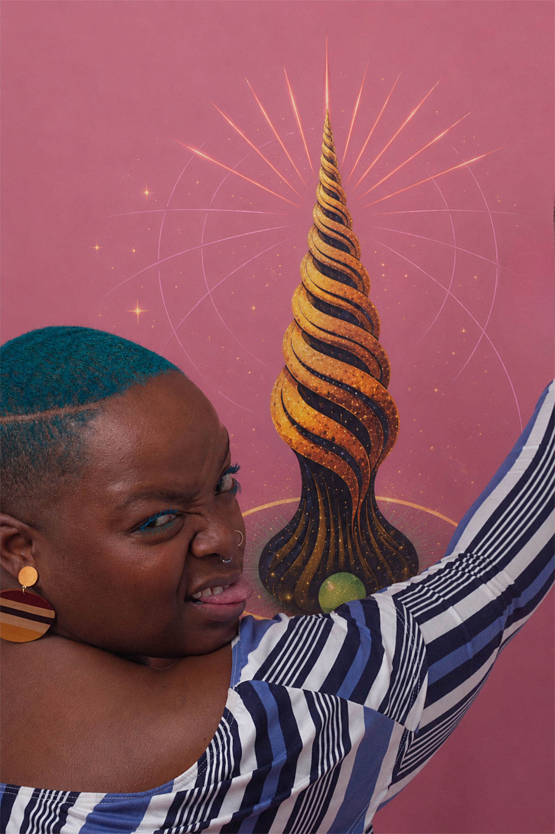 Kiing poses playfully with a teal close crop, striped off-the-shoulder top and one arm raised against a pink field. A tall golden-and-black spiral antenna rises behind them, surrounded by stars and radiating cosmic lines.