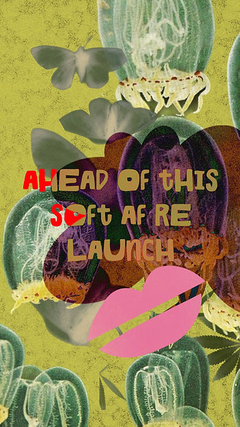 Butterflies over green and yellow jellyfish background. Text reads "AHEAD OF THIS SOFT AF RELAUNCH" in bold, colorful letters.