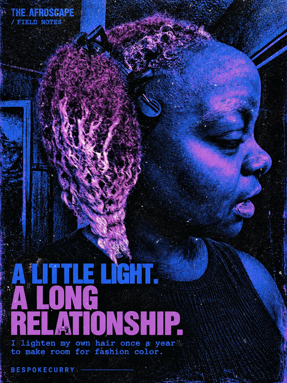 Cobalt and violet Riso side portrait of Kiing with clipped Afro sections and lighter hanging lengths beside their face. Text: “A little light. A long relationship.”