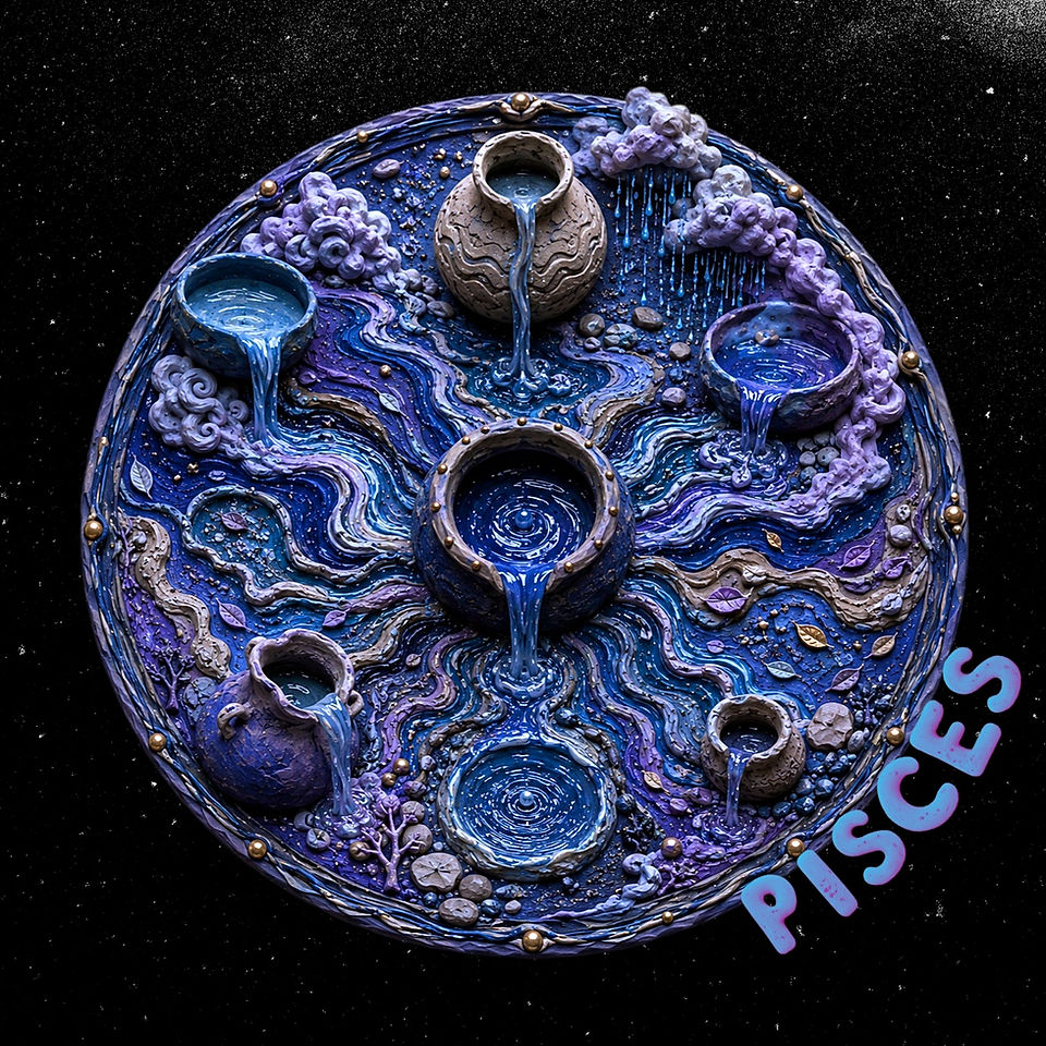 Handcrafted clay circular Pisces ecology in deep blues and purples. Multiple ceramic vessels pour water into connected streams and pools, surrounded by rain clouds, mist, stones, leaves, and tidal movement.