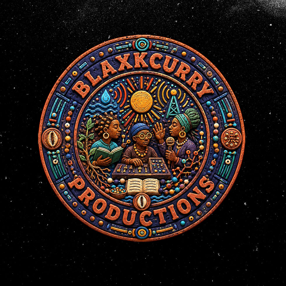 Circular BlaxkCurry Productions stamp featuring three Black figures gathered around a creative worktable beneath a sun and broadcasting tower, surrounded by colorful geometric and technological symbols.
