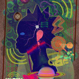 Early Afro ABCs card for the letter A, titled “Antenna Afro Autonomic,” showing a profile silhouette surrounded by planets, grids, waveforms, nervous system imagery, and sensory symbols.