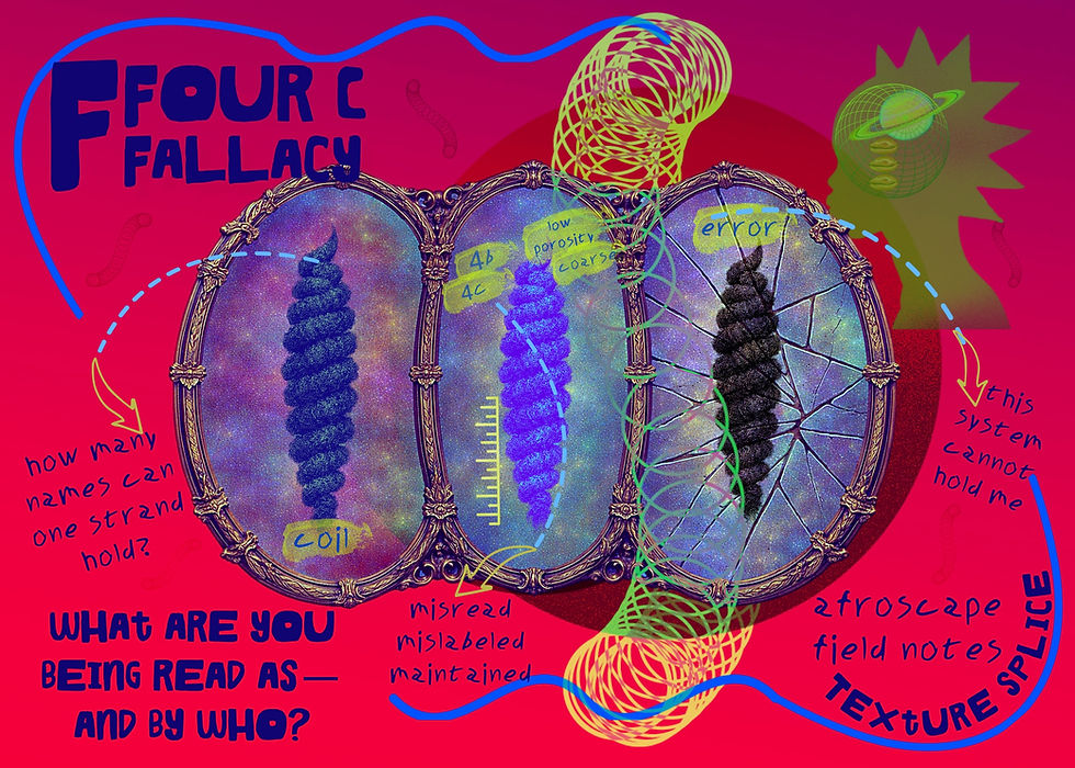 Experimental Afroscape collage featuring three mirrored afro coil structures framed inside ornate portals against a vivid pink background. Handwritten annotations question curl typing labels like 4B and 4C while one mirrored panel visibly cracks under the pressure of classification. Blue movement lines and looping geometric forms surround the coils as the words “What are you being read as—and by who?” appear beneath the composition.