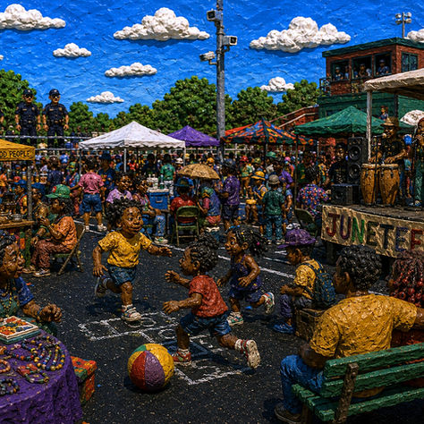  Heavy claymation illustration of a Juneteenth celebration with children playing in the center, families gathering, food vendors, musicians performing on stage, and several police officers visible in the background overlooking the event from a distance.