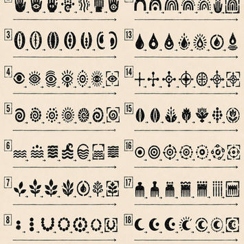 Black-and-cream graphic asset sheet arranged in 20 numbered sequences. Rows show evolving variations of birds, hands, eyes, spirals, water, cowrie,plants, beads, vessels, stars, profiles, arches, droplets, directional forms, flowers, circles, combs, moons, knots, and speech symbols connected by arrows.