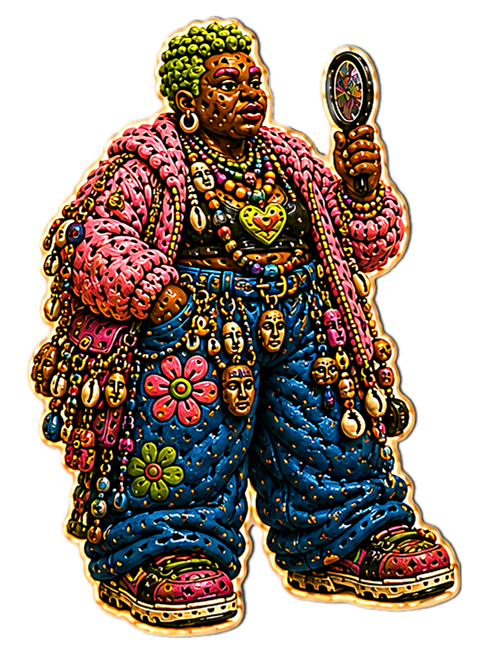 Fat Black Home(ie) figure wearing oversized blue pants, layered ancestral jewelry, cowrie shells, charms, and textured adornments while holding a handheld mirror. The figure stands on a black starry background with saturated neon and clay-like textures emphasizing ritual style and embodied presence.