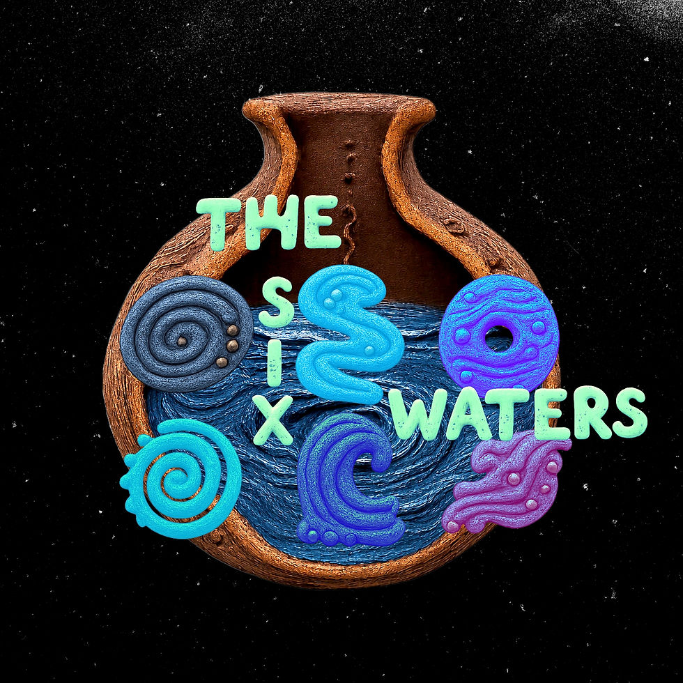 Clay vessel containing six colored water symbols representing the Six Waters framework used throughout Cannabis Field Notes.
