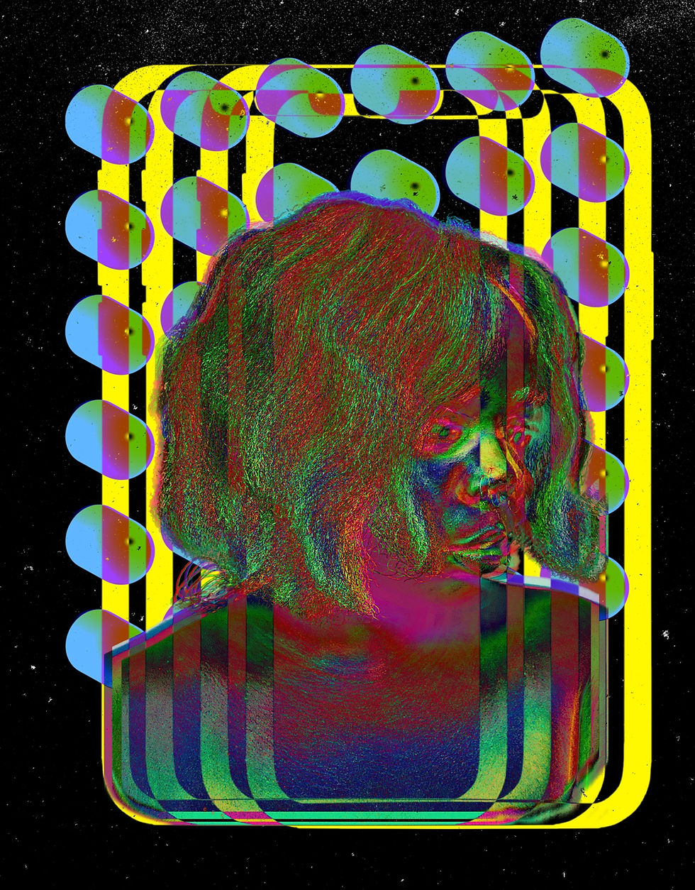 Personal graphic Bespokecurry created, neon x-ray collage portrait with layered textures and symbolic composition