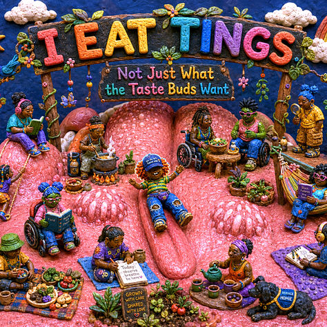 A museum-quality handcrafted claymation illustration transforms an enormous human tongue into a neighborhood where tiny Homies gather, cook, read, garden, draw, drink tea, share meals, and rest. Wooden archways display the title “I Eat Tings: Not Just What the Taste Buds Want.” Decorative signs include phrases such as “taste, learn, listen, remember, connect,” “herbs, spices, stories, memories, music, rest,” and “grown with care, shared with love.” Plants, cooking pots, books, blankets, and a service dog complete the playful environment.