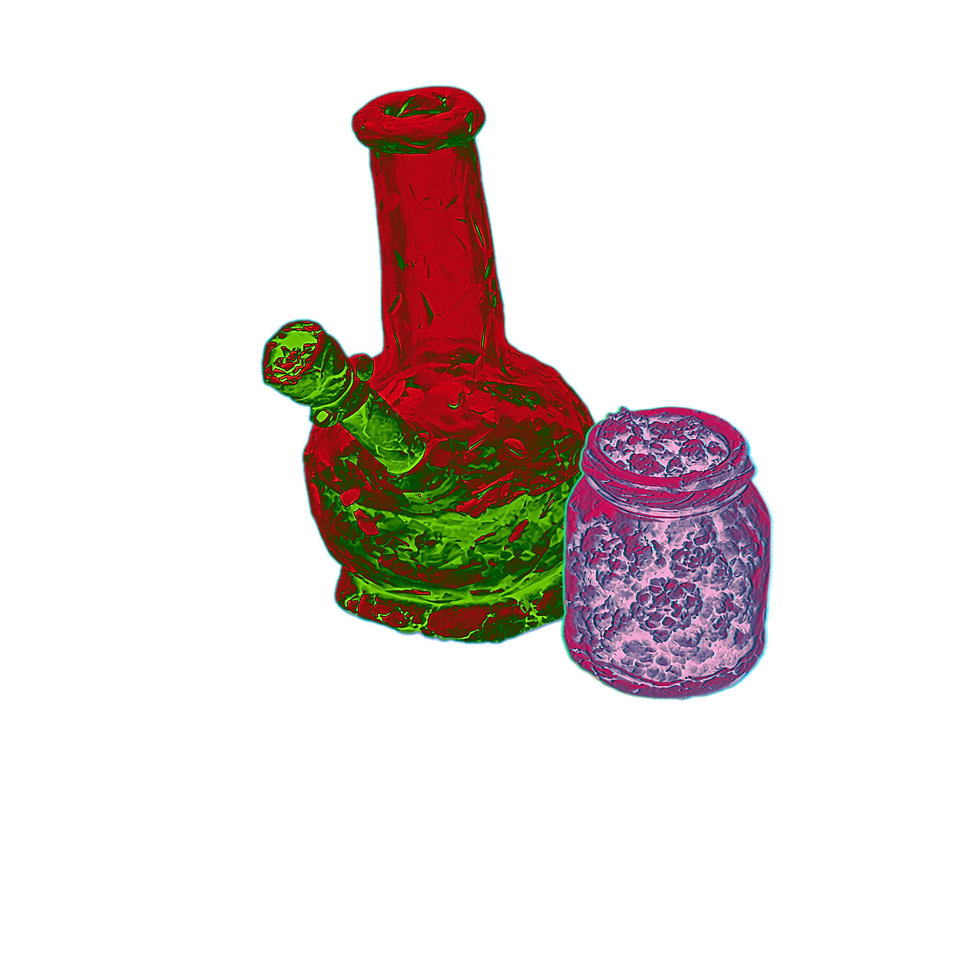  claymation water bong with cannabis flower stored in a jar
