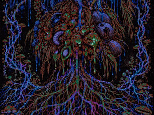 Black Minimal Riso poster in dense black, ultramarine, green, red-orange and violet. Rain descends through tall palm fronds into a dense crown of palm fruit, coconuts, decaying leaves, insects and fungi. Water and oil drip through the organic matter while a branching mycelial network pulses outward through the roots. Distressed blue text along the bottom reads “BLACK PALM TREES.”