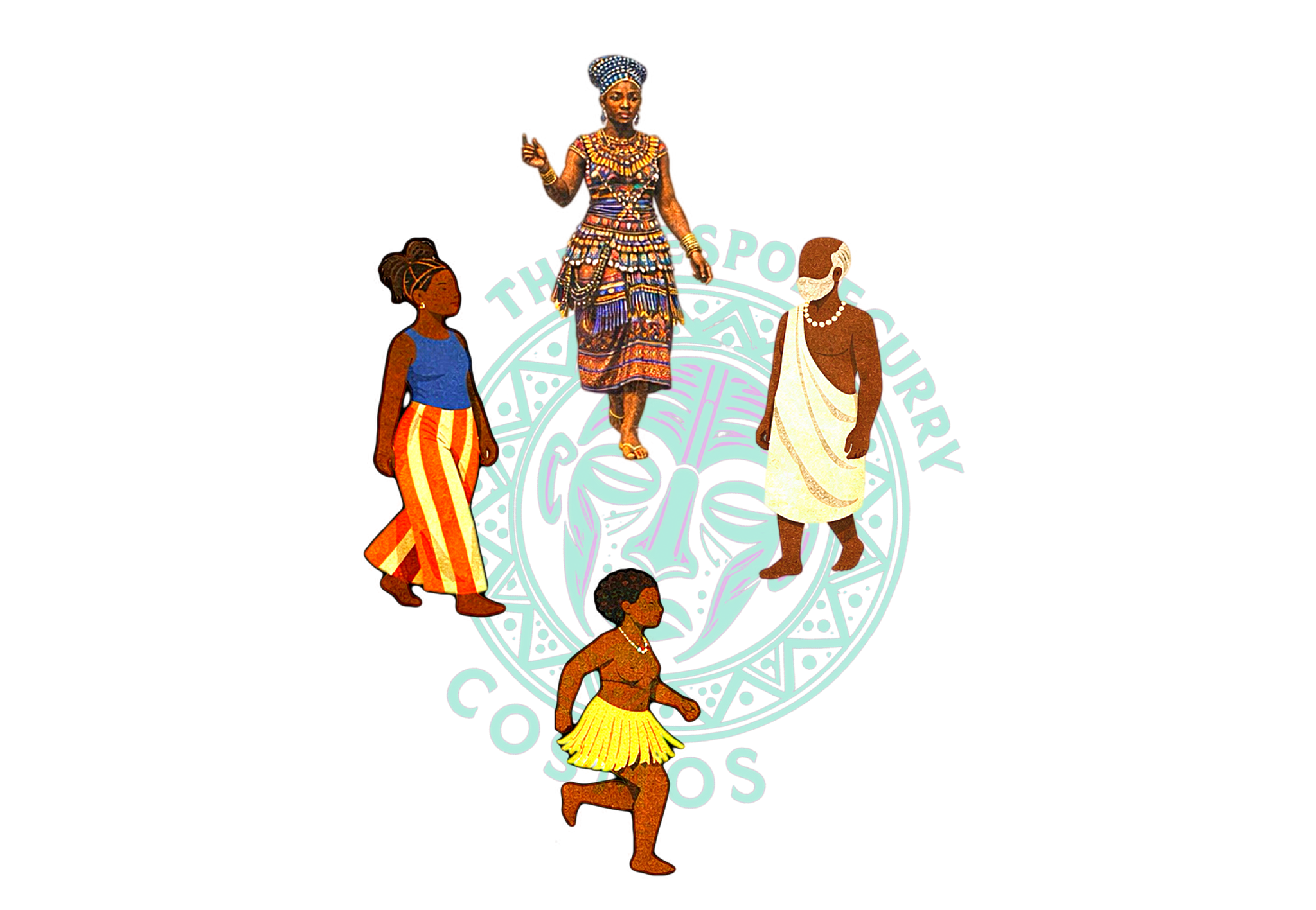 Four Black Blilliputians wearing vivid patterned clothing gather around the circular BespokeCurry Cosmos seal. Their bodies walk, gesture, stand and run across the composition.