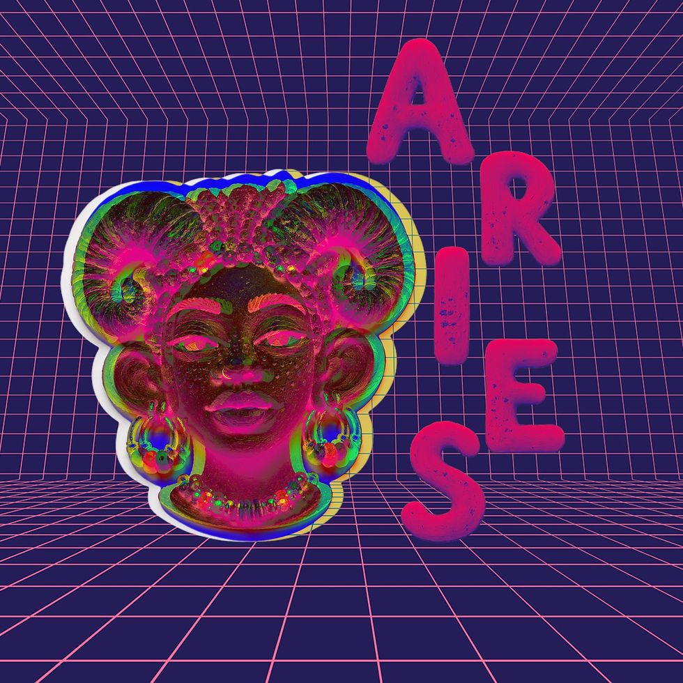 A red-orange Black Astro Me Hom(e)ie with ram horns, rendered with an X-ray color-separation effect, appears inside a purple coordinate grid beside the word ARIES.