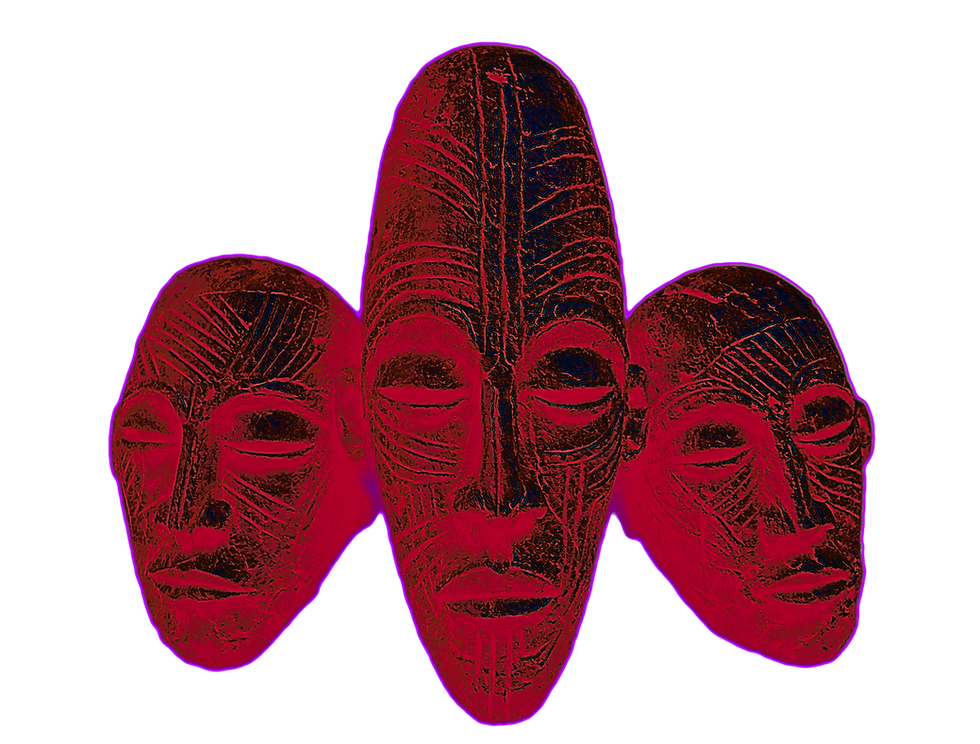 Three deep red African masks grouped closely together with carved facial markings and elongated forms. This symbol represents the Bespokecurry Cosmos as multiplicity, ancestral signal, layered identities, collective memory, and interconnected creative worlds.