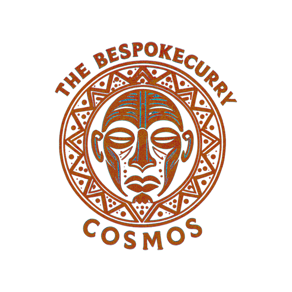 The Bespokecurry Cosmos seal featuring a stylized mask at the center of a circular geometric pattern. The emblem is rendered in copper and earth tones with decorative triangular motifs surrounding the face. The words “The Bespokecurry Cosmos” arc above and below the seal.