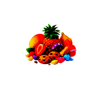 claymation mix of tropical fruits, cookies, and colorful candies
