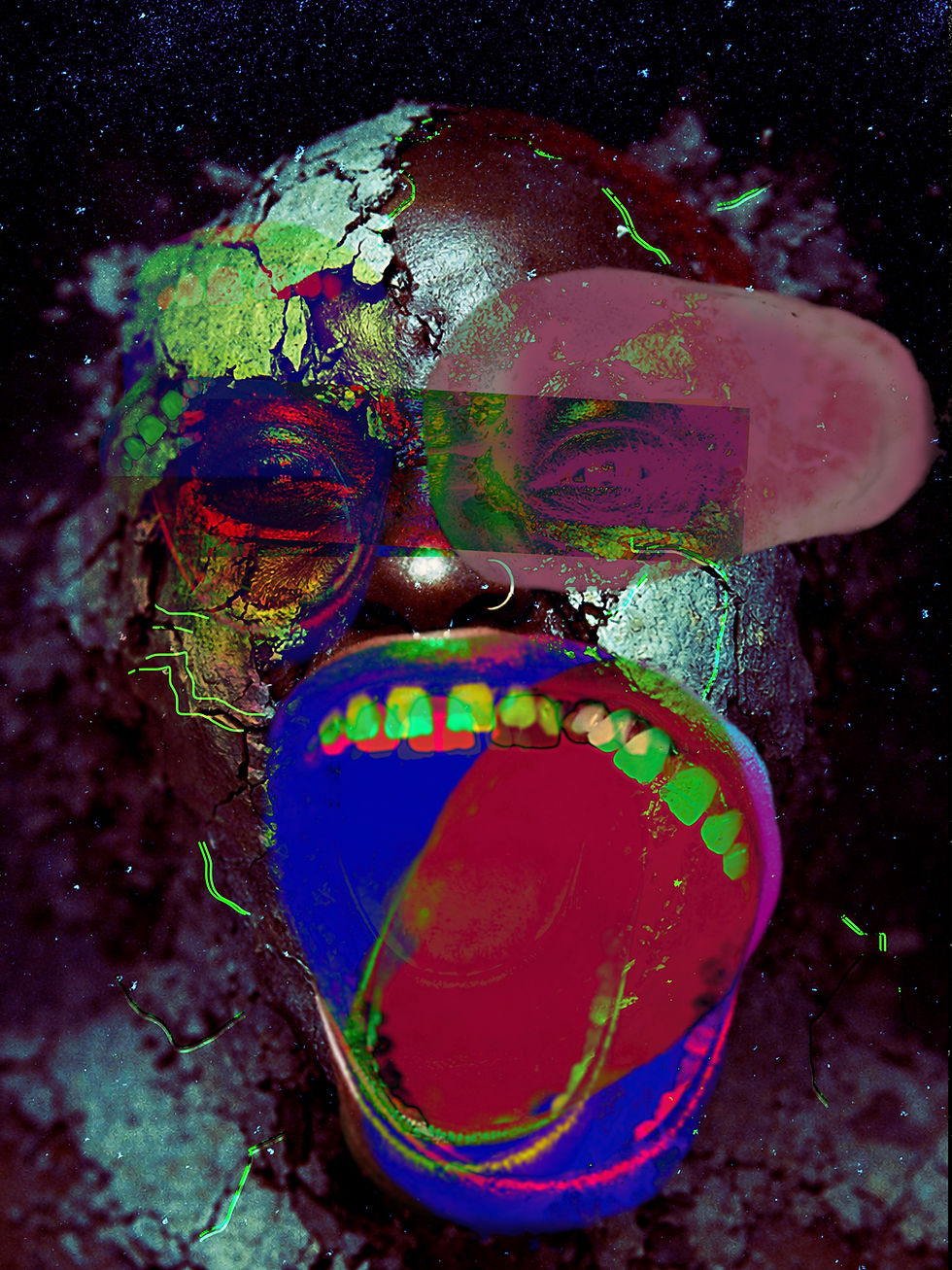 Surreal Afroscape portrait of a distorted face with cracked, layered skin and neon color shifts. The eyes appear fragmented and partially obscured, while the mouth is open wide with an exaggerated tongue extending outward. Glitch-like overlays and high-contrast reds, greens, and blues create a chaotic, ruptured visual field against a dark, cosmic-textured background.