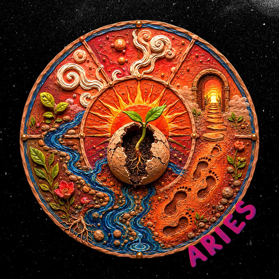 Handcrafted clay circular Aries ecology on a black starry background. A cracked seed shell sprouts in front of a bright sunrise, with blue waterways, footprints, plants, flowers, and an open doorway suggesting emergence and first movement.