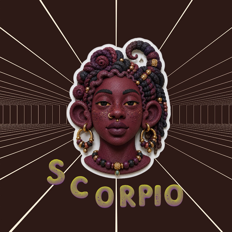 Clay-style Scorpio portrait with deep burgundy skin and dark plum braided hair shaped into curling scorpion-like forms, accented with gold jewelry and dark beads against a brown perspective grid. SCORPIO curves beneath the figure.