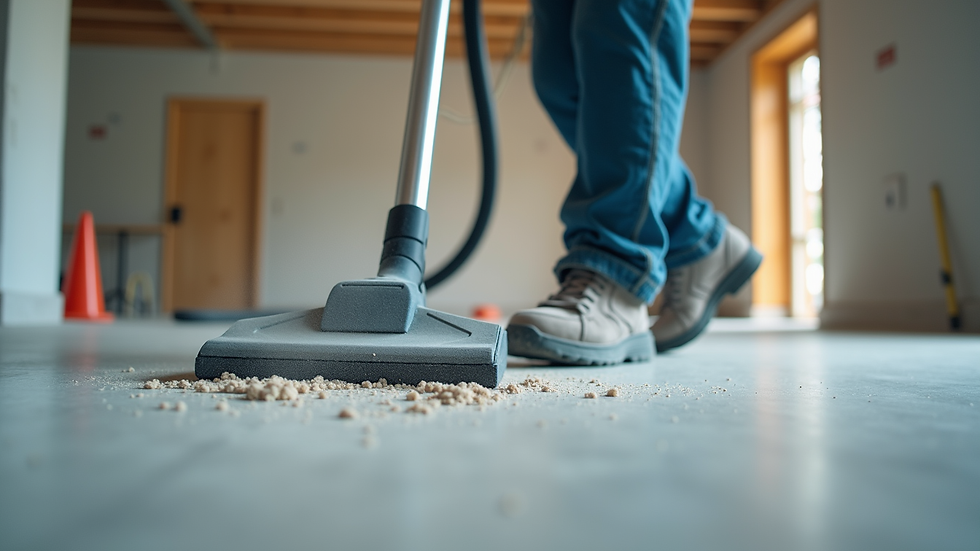 Close-up view of a worker vacuuming dust from a construction site floor