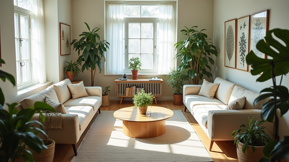 High angle view of a clean living room filled with plants
