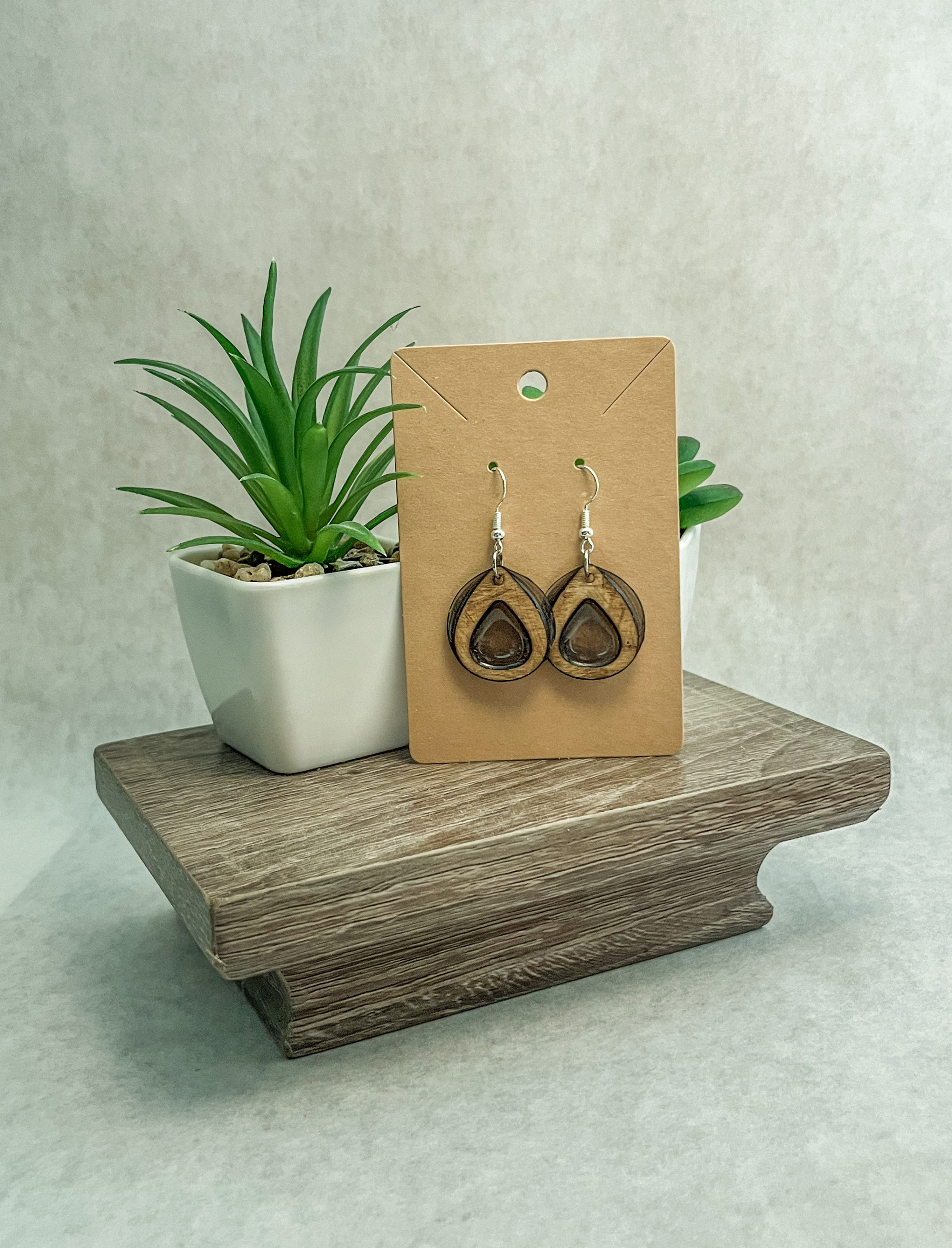 Resin and Wood Circle Earrings - Teardrop