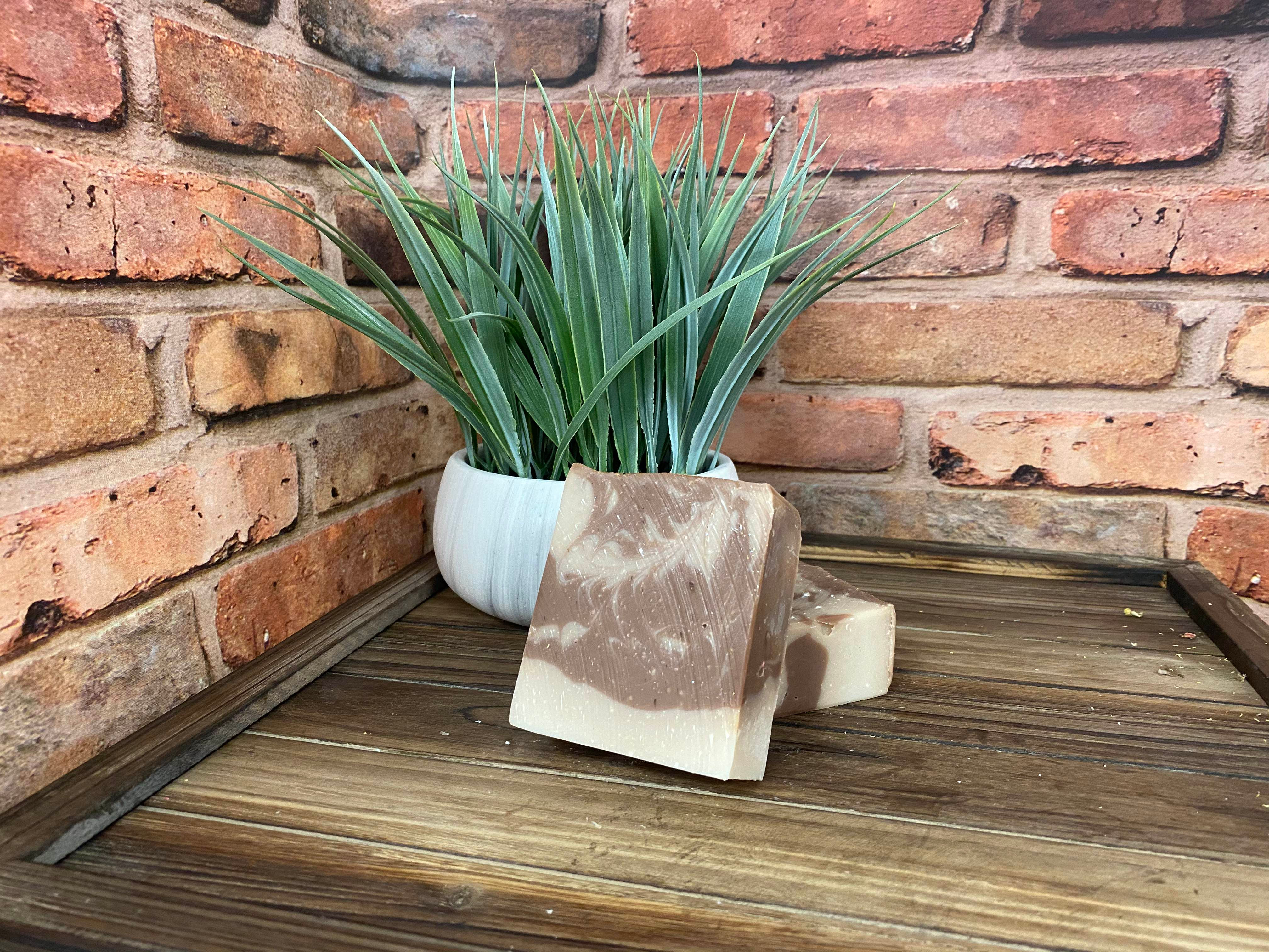Handcrafted bar of Cocoa Butter and Cashmere natural soap, paraben-free, sulfate-free, and made in Lilburn, Georgia.