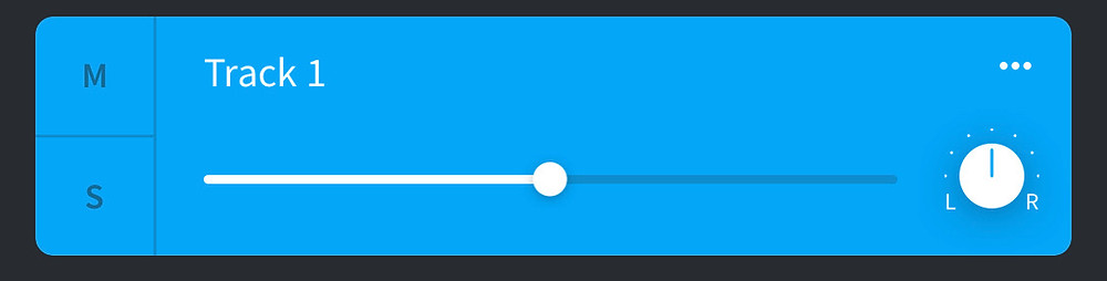 A recording interface which shows Mute and Solo buttons, track volume, and a L/R pan knob