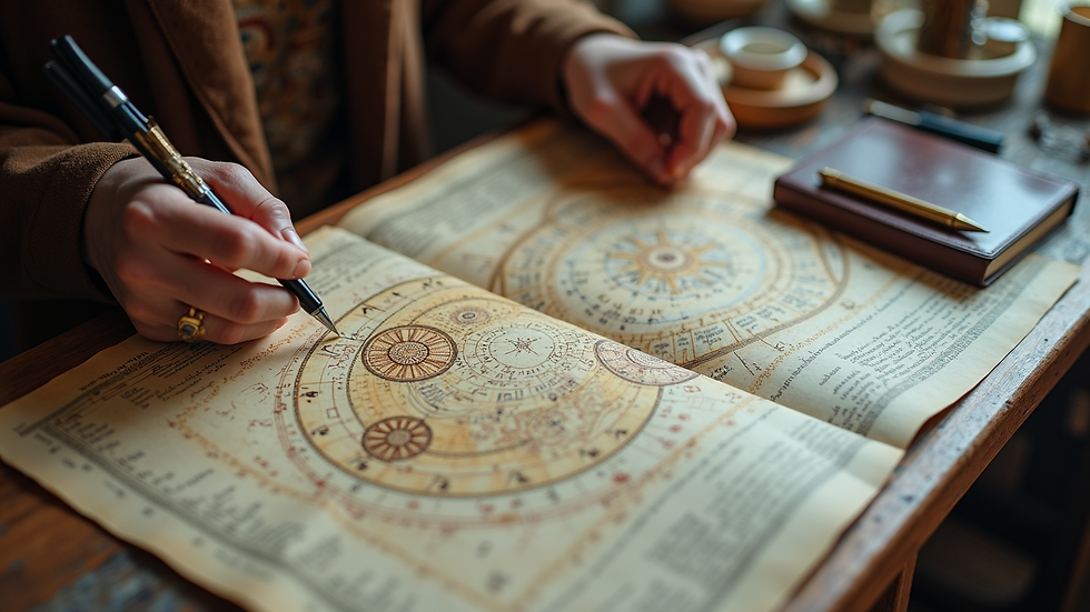 Eye-level view of an astrologer’s desk with an open astrology chart and notes