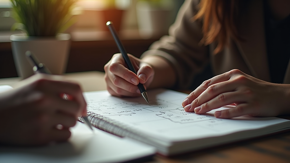 Close-up view of a person taking notes during an online astrology session