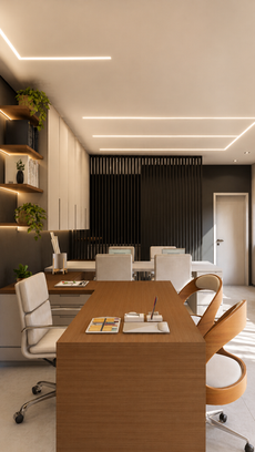 Escritório corporativo contemporâneo com planta livre integrada, reunindo estações de trabalho, mesa de reuniões para oito pessoas e área de descanso com biblioteca técnica. Painel ripado metálico delimita a copa sem perder a integração visual. Amplas esquadrias garantem iluminação natural e ventilação, enquanto forro acústico melhora o conforto sonoro. Materiais neutros, marcenaria branca com detalhes amadeirados e mármore esverdeado criam ambiente sofisticado e acolhedor. Iluminação em LED e mobiliário ergonômico reforçam funcionalidade, conforto e produtividade.