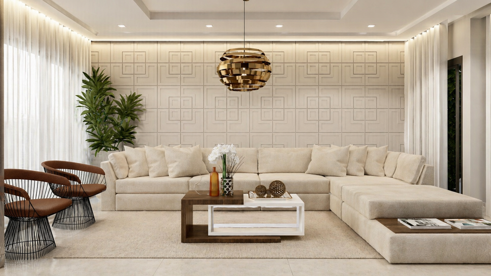 Sala de estar e jantar integradas em nível único, com layout contínuo que elimina desníveis e melhora a fluidez e a convivência. Aberturas amplas em diferentes planos garantem luz natural e ventilação cruzada, com conexão direta ao jardim interno que reforça o conforto e o bem-estar. Mobiliário organizado para interação e permanência prolongada. Painel de fundo com textura tridimensional adiciona profundidade e identidade. Iluminação em camadas permite diferentes ambiências, enquanto tons claros ampliam a luminosidade e a sensação de unidade.