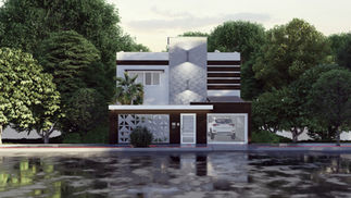 Fachada residencial reformada com volumetria contemporânea, planos ortogonais e volumes contrastantes, destacando elemento vertical com revestimento tridimensional e iluminação cênica; muro com cobogós e portões vazados que permitem luz natural, ventilação e integração visual com o paisagismo, reforçando conforto ambiental e relação com o entorno urbano.