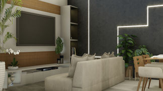 RESIDÊNCIA MHSC | Sala de Estar, Jantar e TV integrados à Cozinha | Ilha dos Bentos, Vila Velha - ES | 2021 [FELIPE MILWARD ARQUITETURA]

Ambiente integrado de 22,80 m² com sala de estar e TV, copa e cozinha dispostos em espaço contínuo e aberto. Parede de fundo em tom grafite com linha de LED decorativa organiza visualmente o ambiente. Paleta neutra com móveis claros, madeira e ilha em pedra escura. Marcenaria integrada e iluminação indireta no forro criam atmosfera acolhedora. Plantas em vasos adicionam contraste e conexão com a natureza, reforçando sensação de conforto e uso funcional do espaço.