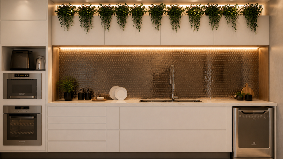 Cozinha contemporânea com ilha central integrando preparo, apoio e convivência, favorecendo fluxo eficiente e uso simultâneo. Bancada clara amplia a luminosidade e a sensação de organização, enquanto detalhes em madeira trazem equilíbrio térmico. Assentos voltados para a ilha incentivam interação. Marcenaria planejada com eletrodomésticos embutidos e nichos abertos garante praticidade e continuidade visual. Revestimento texturizado e iluminação linear qualificam a área de trabalho. Vegetação superior reforça o conforto ambiental e o bem-estar.