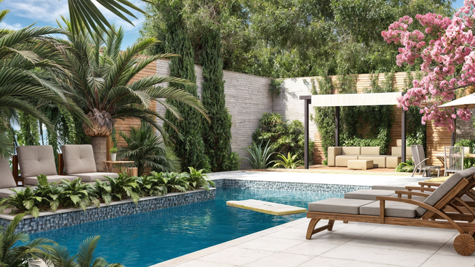 Área externa de lazer organizada por eixo central com piscina e apoio integrado, otimizando fluxos entre preparo, circulação e permanência. Lâmina d’água amplia a sensação de frescor e profundidade, com reflexos que reduzem o calor. Bar molhado favorece uso contínuo e convivência. Paisagismo em múltiplos estratos promove sombreamento, privacidade e melhora do microclima. Volume de apoio discreto mantém leitura equilibrada, enquanto água, vegetação e arquitetura criam ambiente confortável, sensorial e acolhedor.