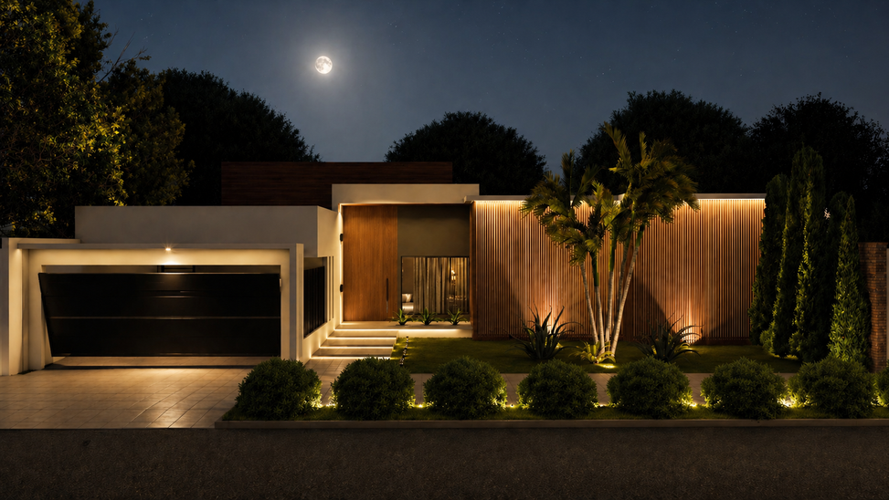 Residência com implantação linear e aberta para a rua, sem barreiras frontais, promovendo integração urbana, visibilidade e segurança passiva. Volumetria em planos com fachada de ripado duplo que atua como filtro climático, reduzindo insolação direta e melhorando o conforto térmico. Calçada ampliada com área permeável e vegetação diversificada contribui para drenagem e microclima. Integração entre arquitetura, paisagem e espaço público cria ambiente acolhedor, com identidade, bem-estar e forte conexão com a natureza.