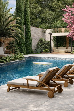 Área externa de lazer organizada por eixo central com piscina e apoio integrado, otimizando fluxos entre preparo, circulação e permanência. Lâmina d’água amplia a sensação de frescor e profundidade, com reflexos que reduzem o calor. Bar molhado favorece uso contínuo e convivência. Paisagismo em múltiplos estratos promove sombreamento, privacidade e melhora do microclima. Volume de apoio discreto mantém leitura equilibrada, enquanto água, vegetação e arquitetura criam ambiente confortável, sensorial e acolhedor.