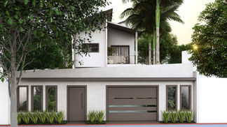 Residência unifamiliar contemporânea com volumetria longitudinal em blocos hierarquizados, embasamento térreo sólido em pedra e volume superior recuado com varandas sombreadas, cobertura em duas águas e estrutura em concreto aparente; fachada em tons claros com esquadrias retas, porta pivotante de acesso e integração visual com o paisagismo, favorecendo luz natural, ventilação cruzada e conforto ambiental.