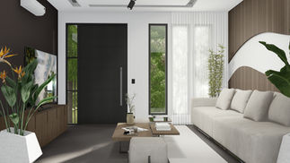 RESIDÊNCIA GOBB | Sala de Estar e TV | Araçás, Vila Velha - ES | 2024 [FELIPE MILWARD ARQUITETURA]

Ambiente de entrada com sala de estar contemporânea, organizada de forma fluida e funcional. Sofá posicionado à frente de painel curvilíneo em MDF, de caráter escultórico, contrastando com parede oposta em pintura preta fosca. Esquadrias em alumínio preto permitem iluminação natural, ventilação cruzada e vista para o jardim. Piso em porcelanato preto e iluminação cênica com spots e luzes ajustáveis reforçam o contraste entre tons claros e escuros.