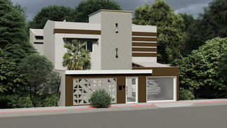 Fachada residencial reformada com volumetria contemporânea, planos ortogonais e volumes contrastantes, destacando elemento vertical com revestimento tridimensional e iluminação cênica; muro com cobogós e portões vazados que permitem luz natural, ventilação e integração visual com o paisagismo, reforçando conforto ambiental e relação com o entorno urbano.